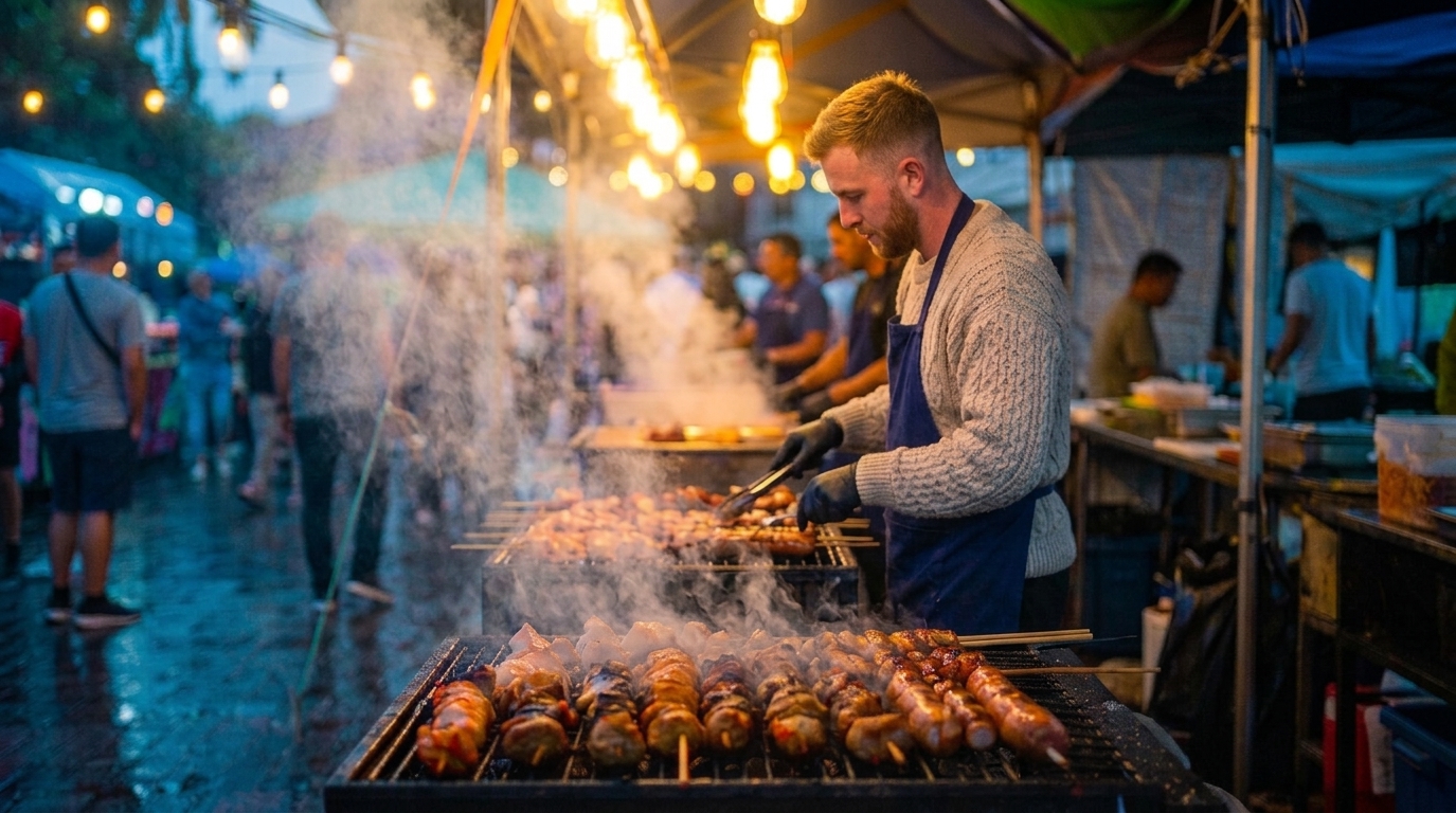 Market trader grilling skewers at a lantern-lit evening street food stall